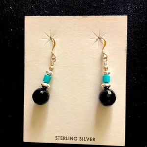 Black Onyx, turquoise, Sterling Earrings. Signed.